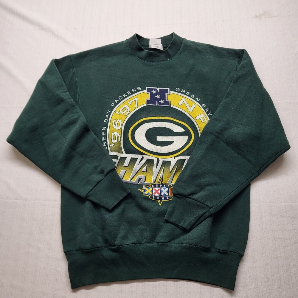 VTG Green Bay Packers Sweatershirt Mens Medium Green NFC Champ XXXII Superbowl